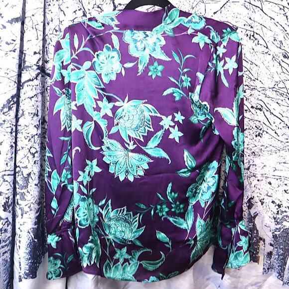 FLORAL TIE NECK BLOUSE XS Iman Purple Aqua Grape Blue Office Work Spring Satin - Picture 7 of 8
